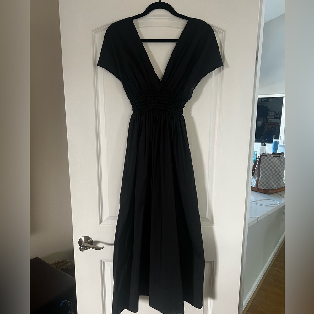STAUD Black Dolman Sleeve V-Neck Midi Dress